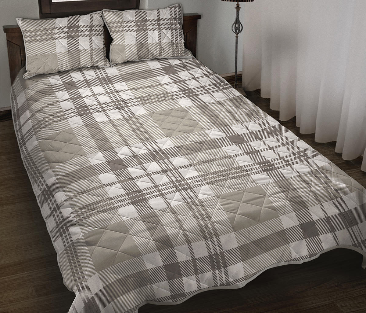 Grey And White Border Tartan Print Quilt Bed Set