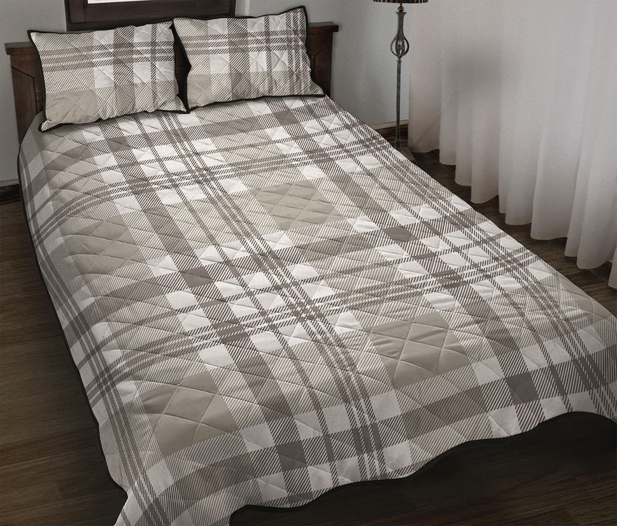 Grey And White Border Tartan Print Quilt Bed Set