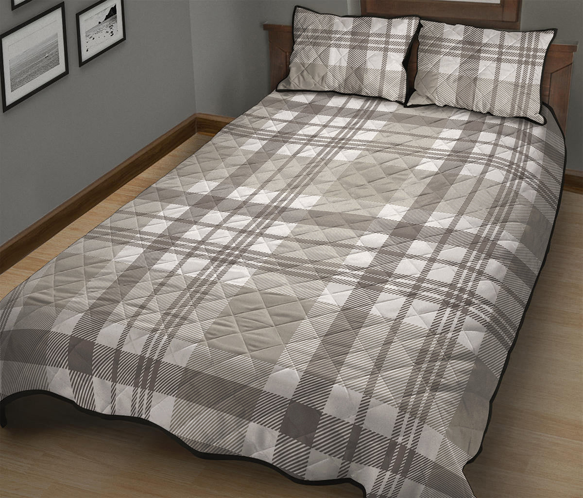 Grey And White Border Tartan Print Quilt Bed Set