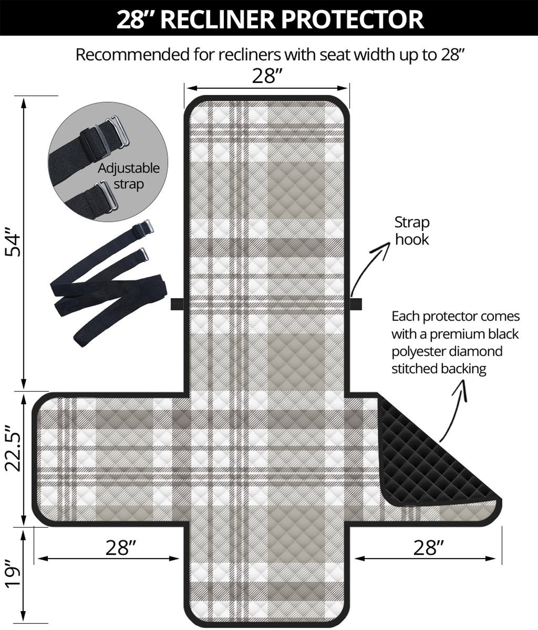 Grey And White Border Tartan Print Recliner Protector