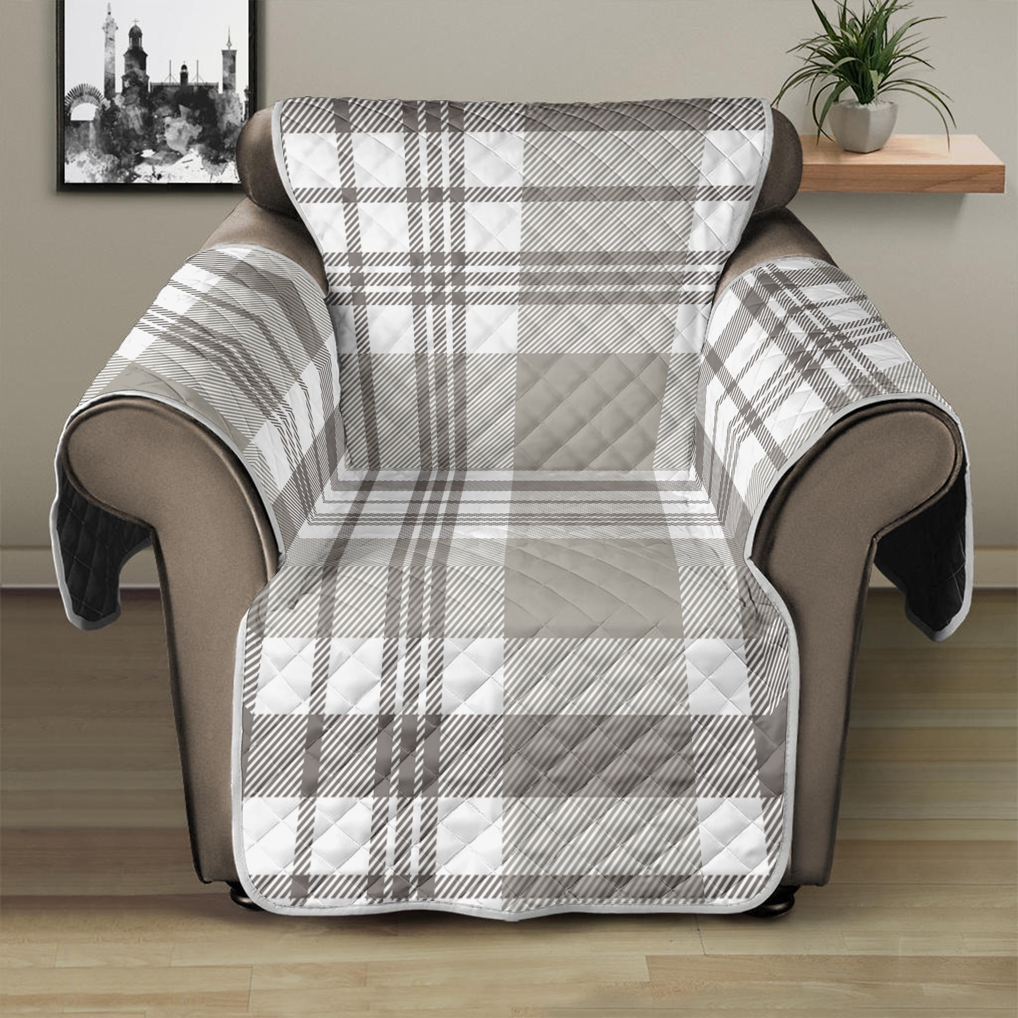 Grey And White Border Tartan Print Recliner Protector