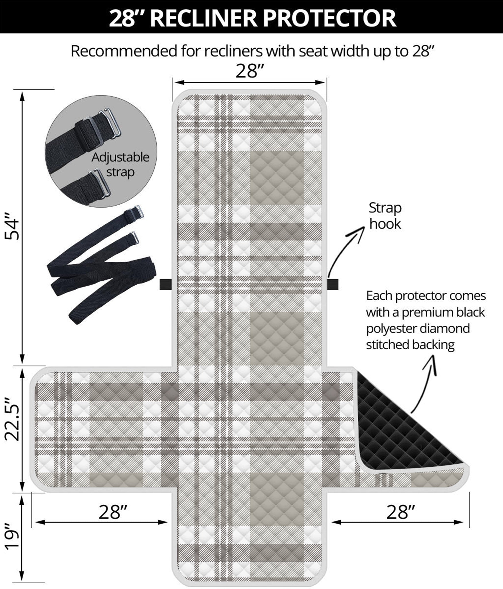 Grey And White Border Tartan Print Recliner Protector