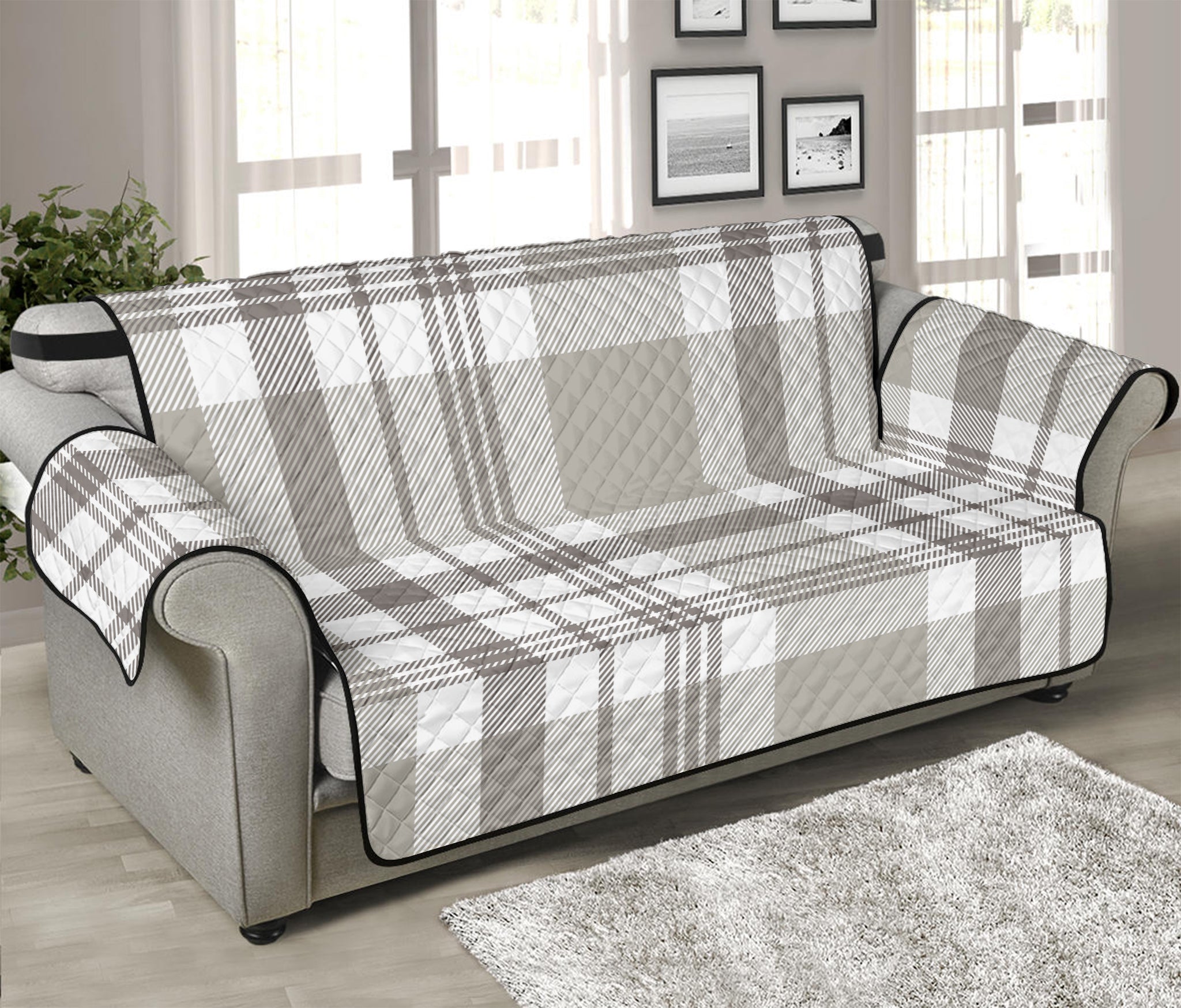 Grey And White Border Tartan Print Sofa Protector