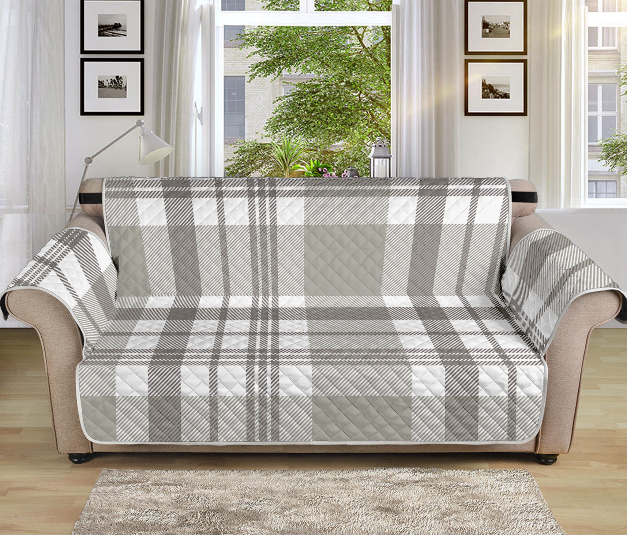 Grey And White Border Tartan Print Sofa Protector