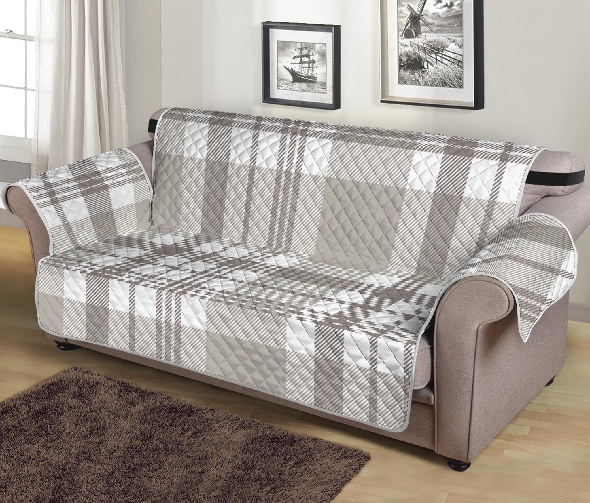 Grey And White Border Tartan Print Sofa Protector