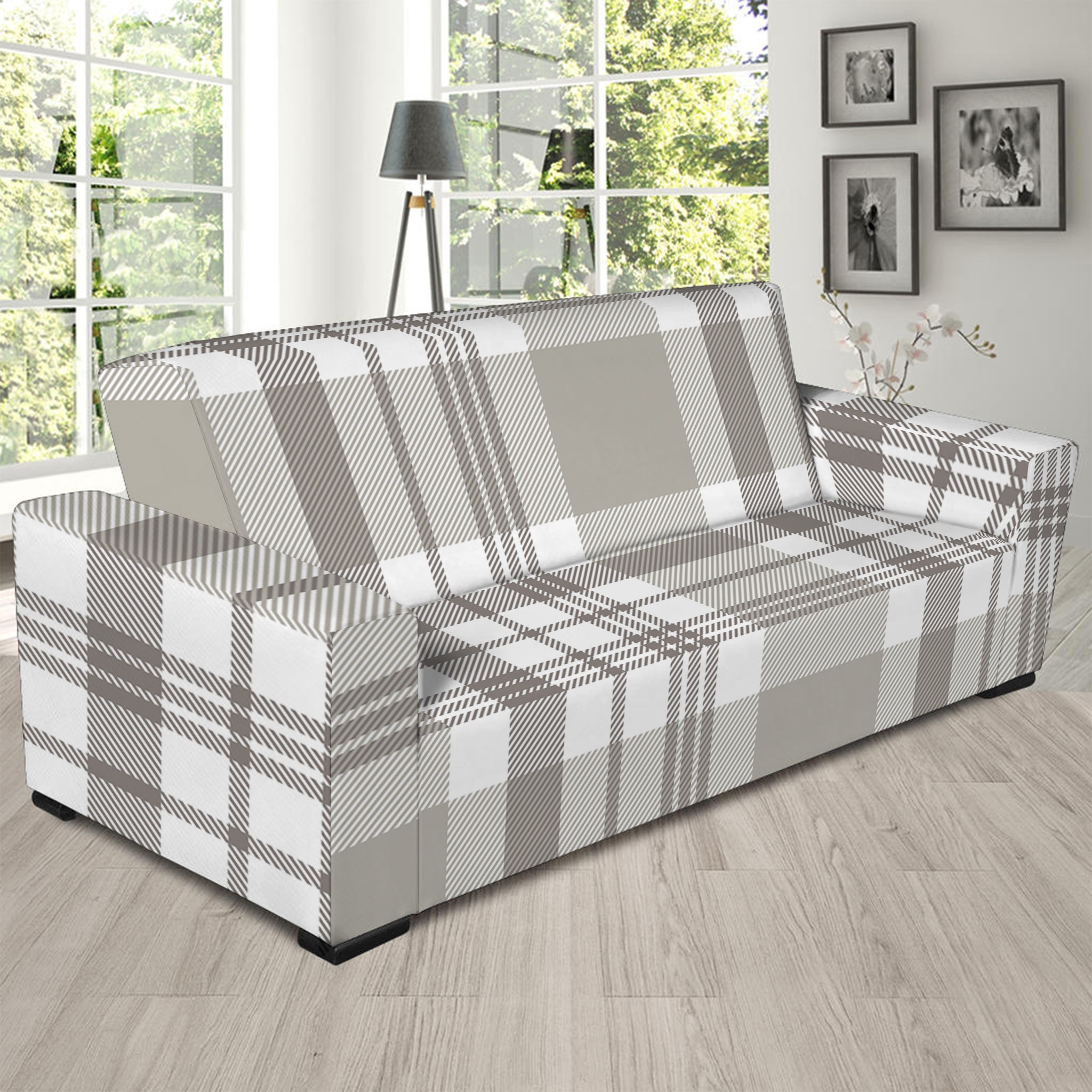 Grey And White Border Tartan Print Sofa Slipcover