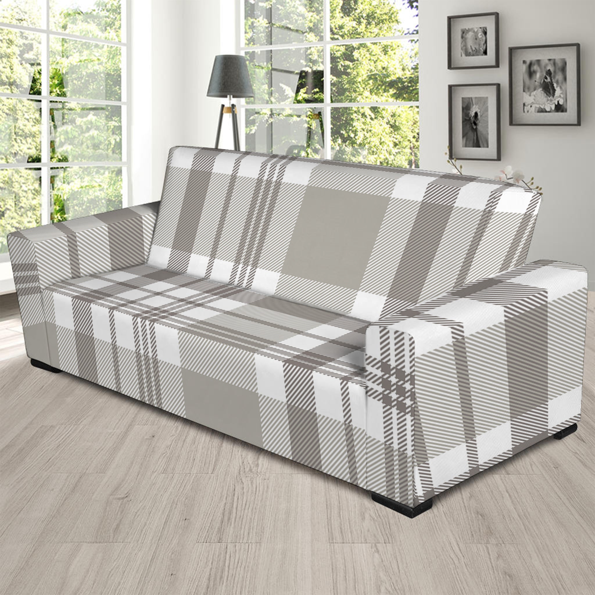 Grey And White Border Tartan Print Sofa Slipcover