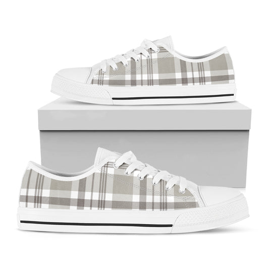 Grey And White Border Tartan Print White Low Top Shoes