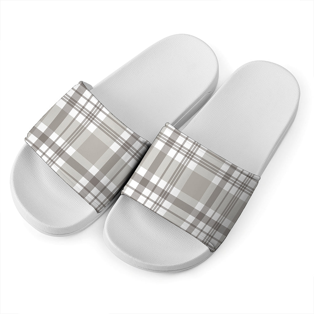 Grey And White Border Tartan Print White Slide Sandals