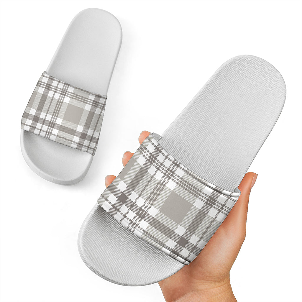 Grey And White Border Tartan Print White Slide Sandals