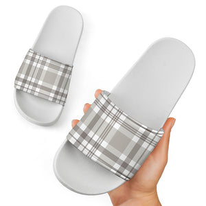 Grey And White Border Tartan Print White Slide Sandals