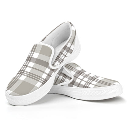Grey And White Border Tartan Print White Slip On Shoes