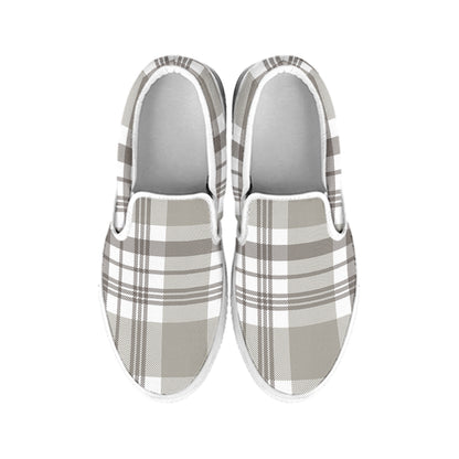 Grey And White Border Tartan Print White Slip On Shoes