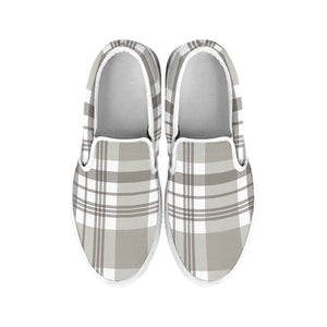 Grey And White Border Tartan Print White Slip On Shoes