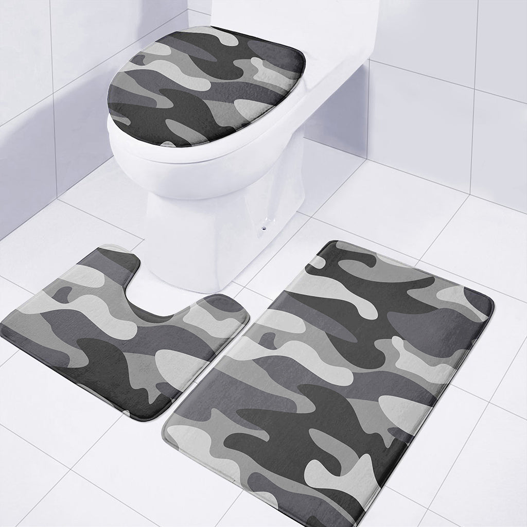 Grey And White Camouflage Print 3 Piece Bath Mat Set