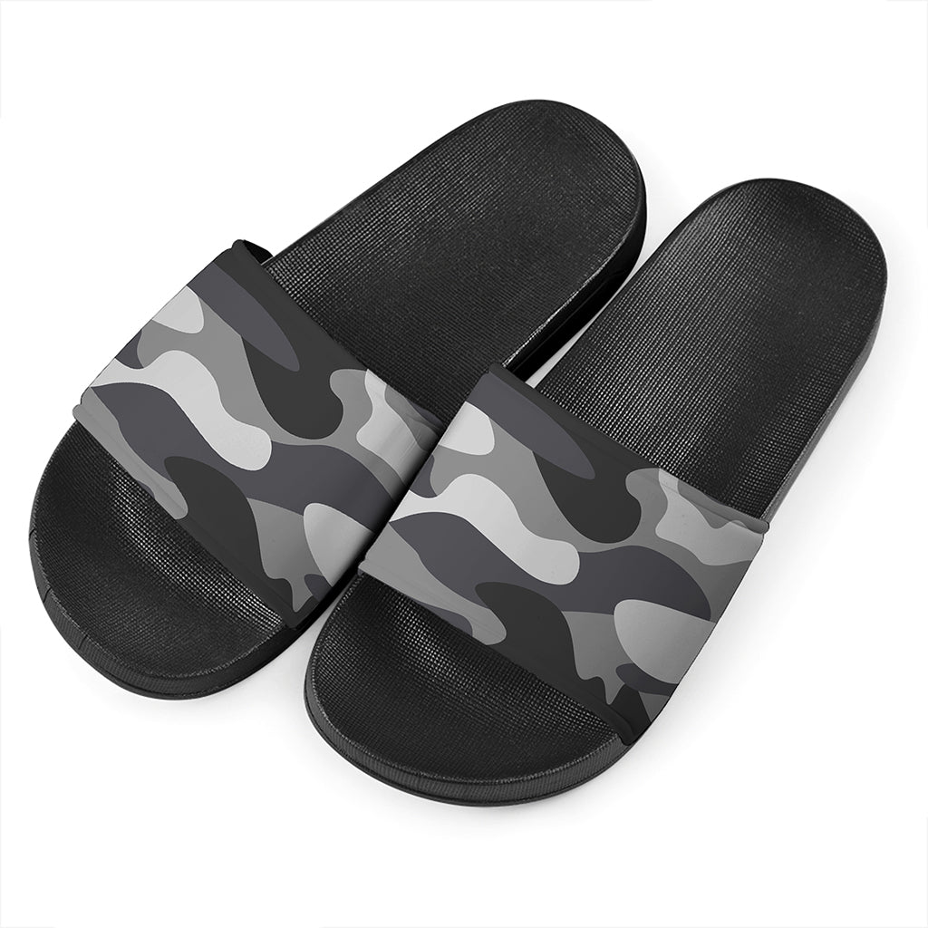 Grey And White Camouflage Print Black Slide Sandals