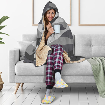 Grey And White Camouflage Print Hooded Blanket