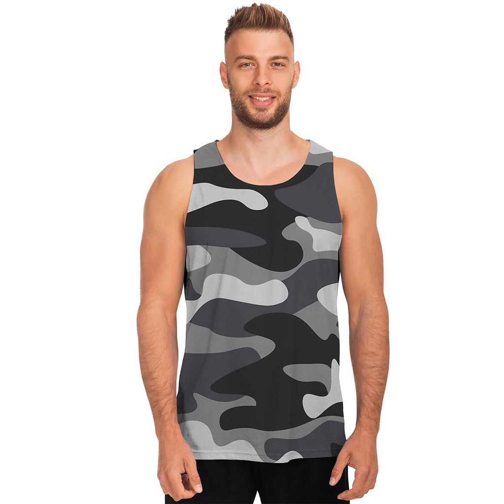 Grey And White Camouflage Print Men's Tank Top
