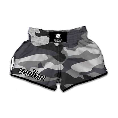 Grey And White Camouflage Print Muay Thai Boxing Shorts