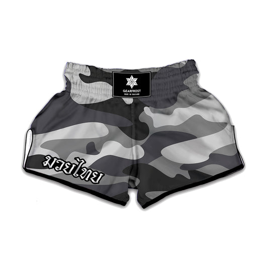 Grey And White Camouflage Print Muay Thai Boxing Shorts