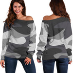 Grey And White Camouflage Print Off Shoulder Sweatshirt GearFrost