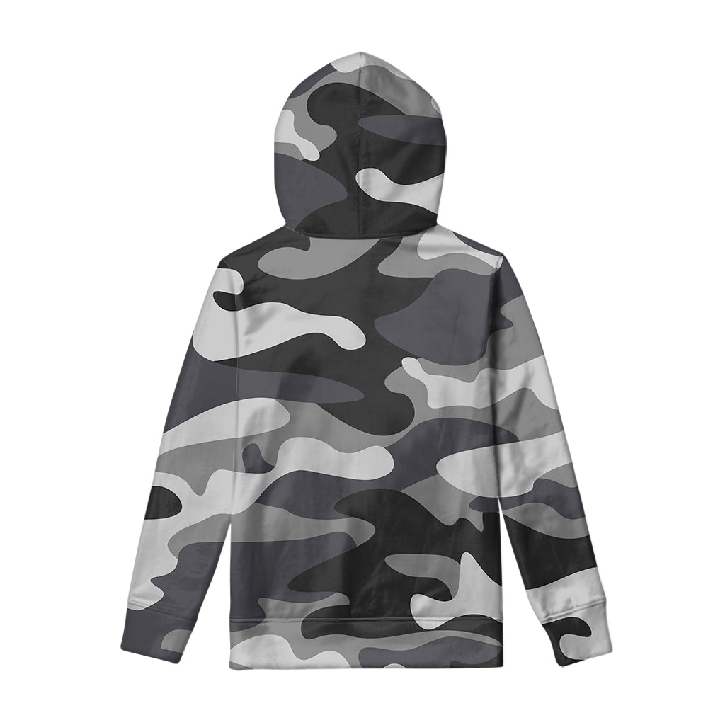 Grey And White Camouflage Print Pullover Hoodie