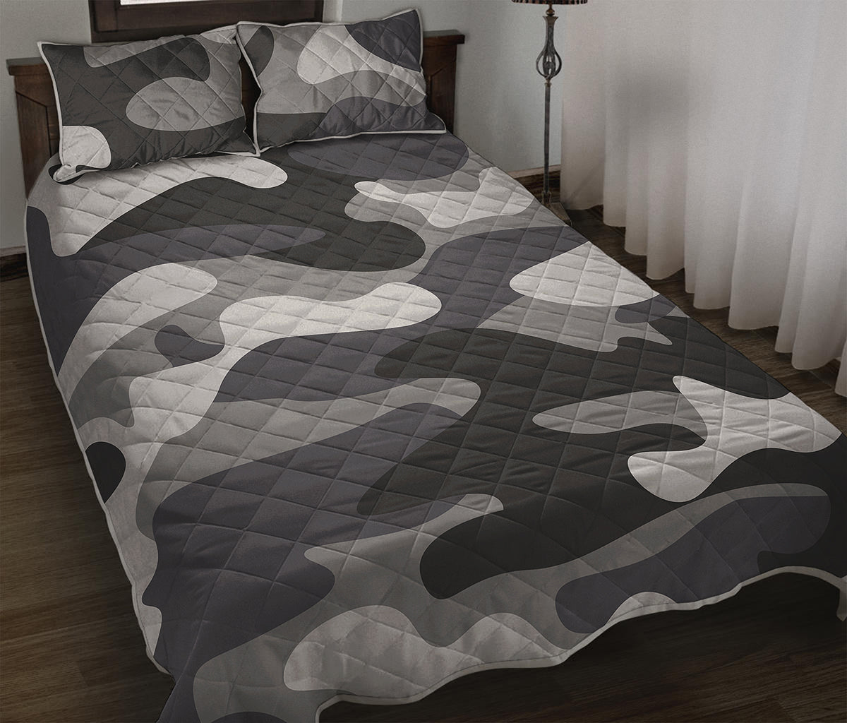 Grey And White Camouflage Print Quilt Bed Set