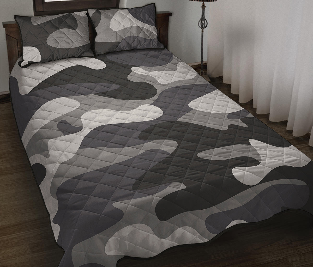 Grey And White Camouflage Print Quilt Bed Set