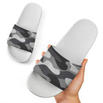 Grey And White Camouflage Print White Slide Sandals