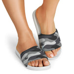 Grey And White Camouflage Print White Slide Sandals