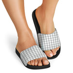 Grey And White Check Pattern Print Black Slide Sandals