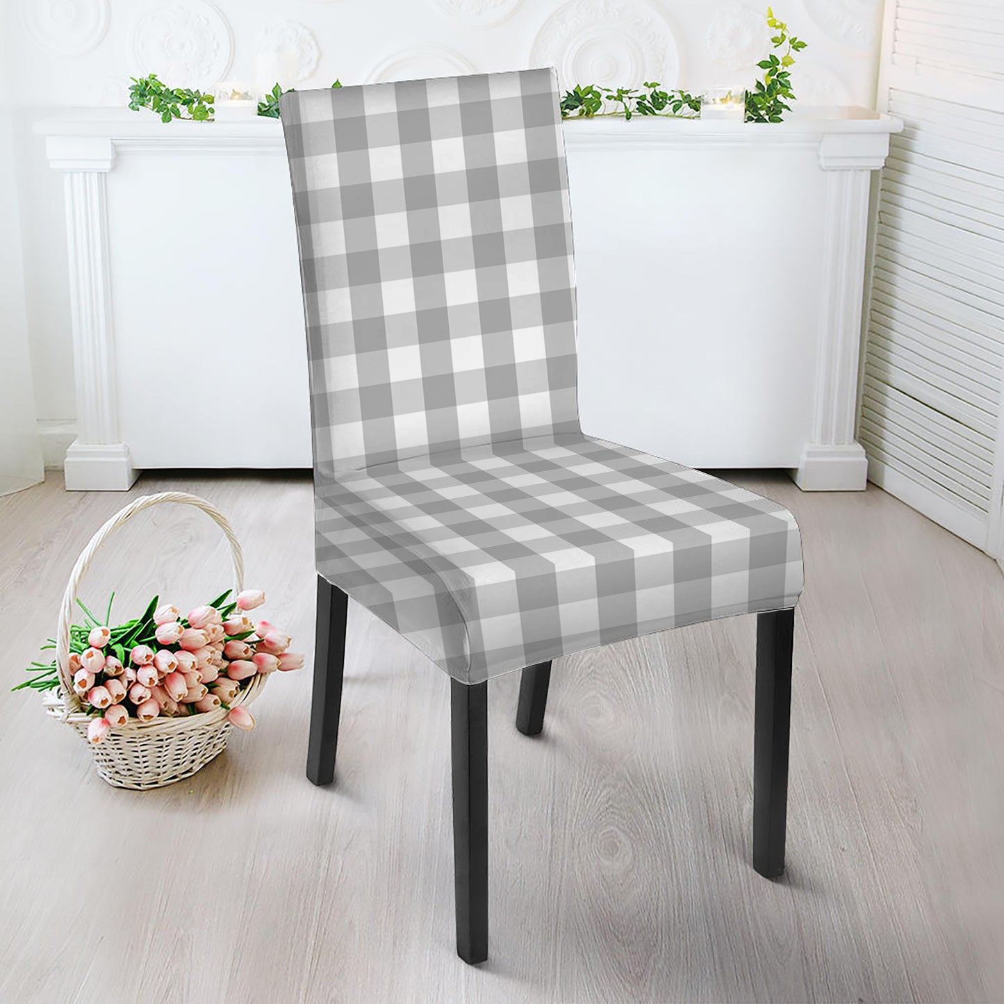 Grey And White Check Pattern Print Dining Chair Slipcover