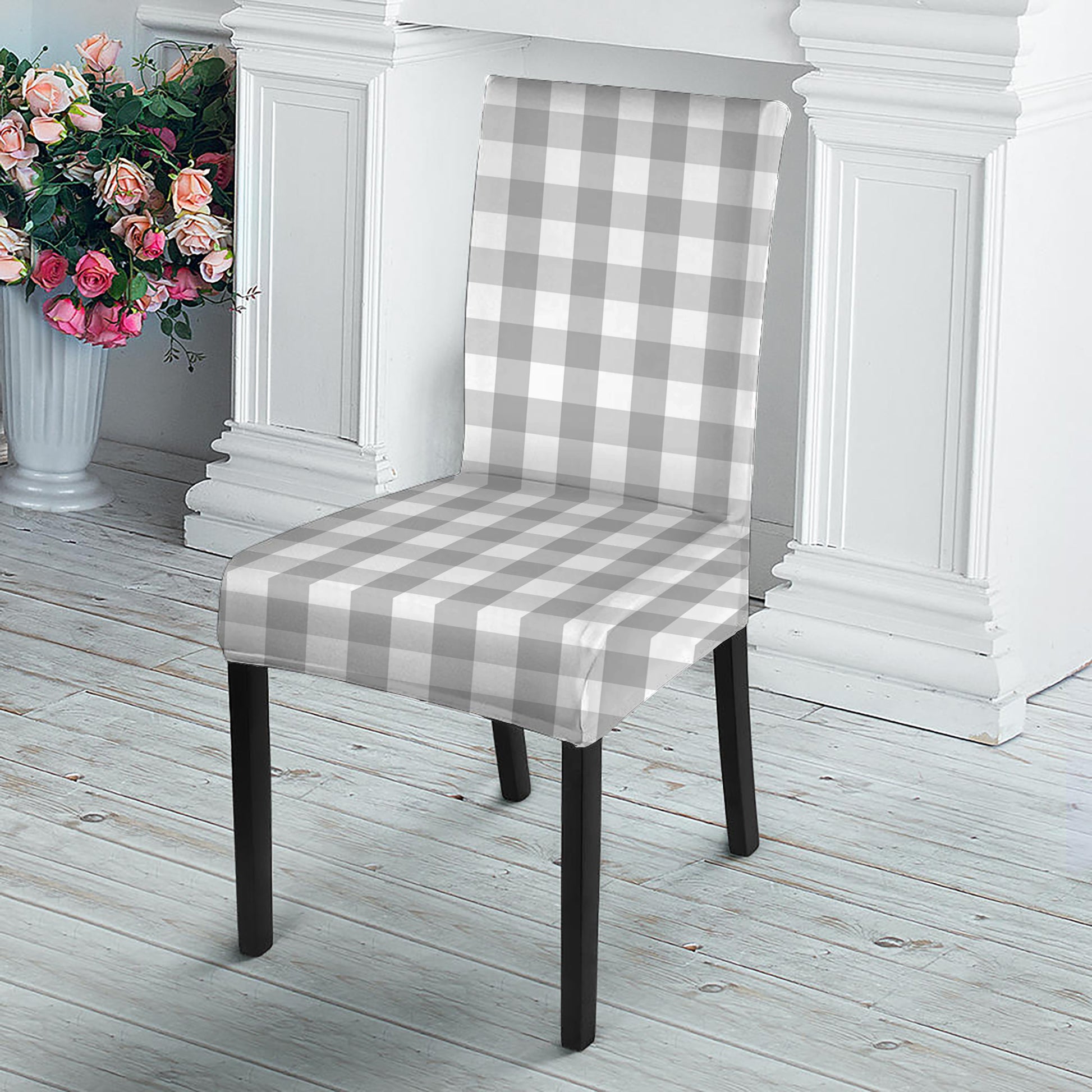 Grey And White Check Pattern Print Dining Chair Slipcover