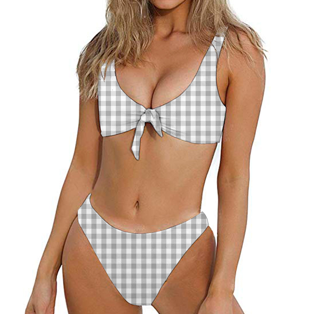 Grey And White Check Pattern Print Front Bow Tie Bikini