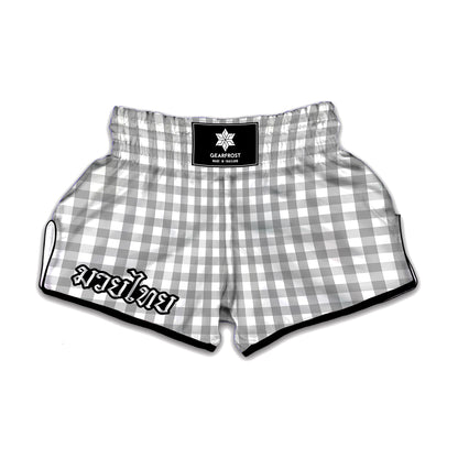 Grey And White Check Pattern Print Muay Thai Boxing Shorts