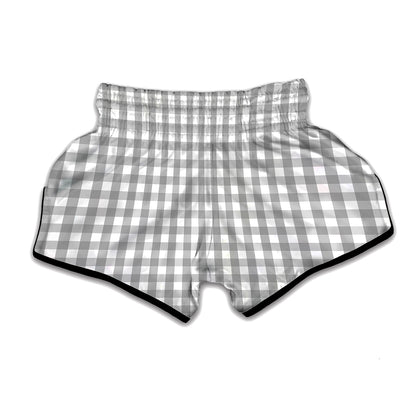 Grey And White Check Pattern Print Muay Thai Boxing Shorts