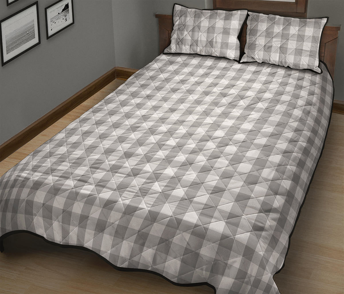 Grey And White Check Pattern Print Quilt Bed Set