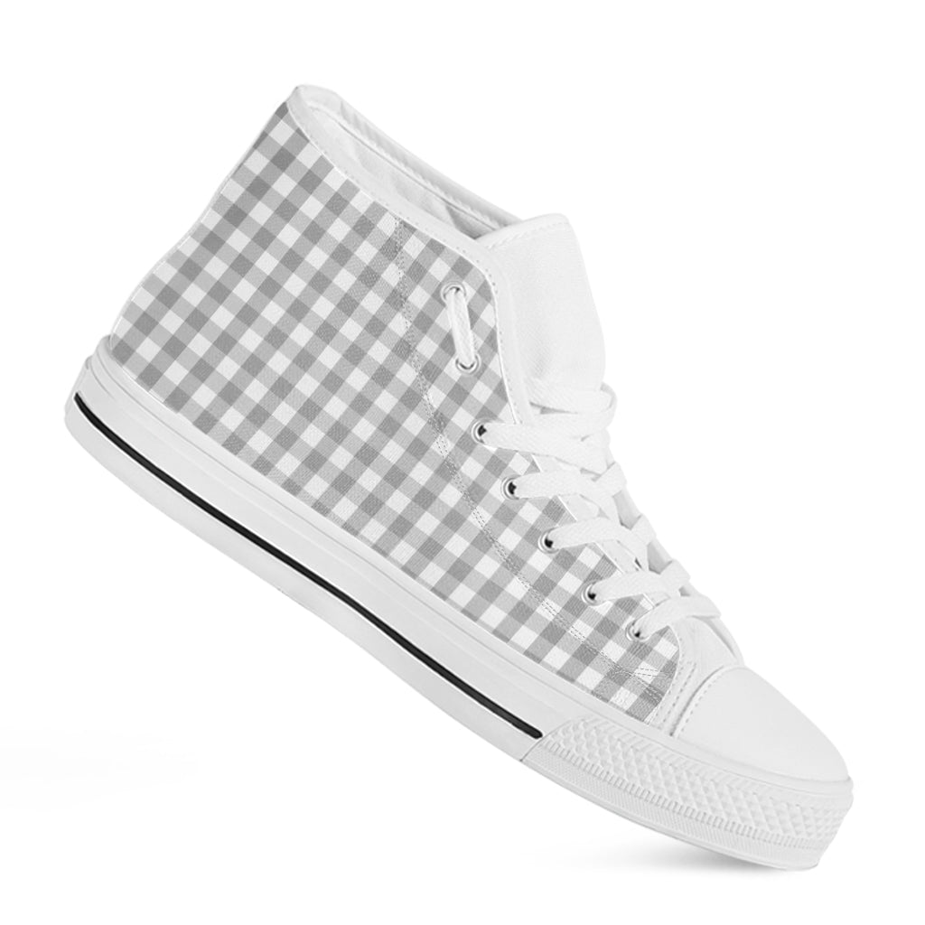 Grey And White Check Pattern Print White High Top Shoes