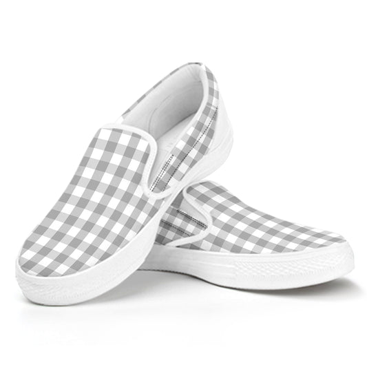 Grey And White Check Pattern Print White Slip On Shoes
