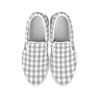 Grey And White Check Pattern Print White Slip On Shoes