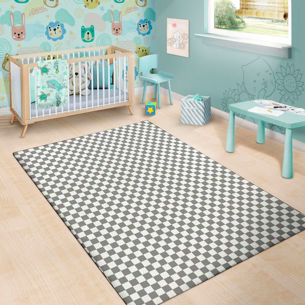 Grey And White Checkered Pattern Print Area Rug
