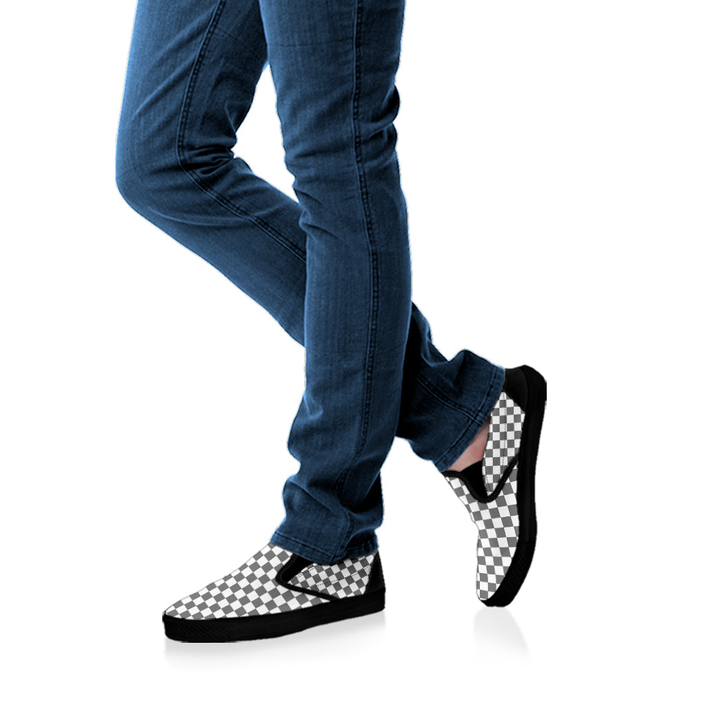 Grey And White Checkered Pattern Print Black Slip On Shoes