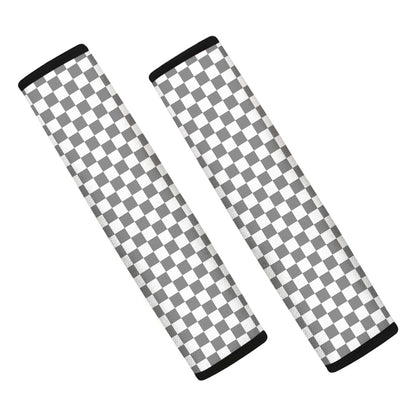 Grey And White Checkered Pattern Print Car Seat Belt Covers