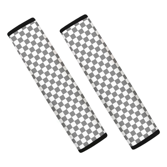 Grey And White Checkered Pattern Print Car Seat Belt Covers