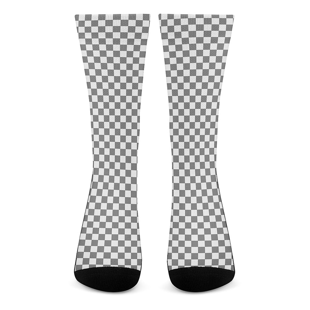 Grey And White Checkered Pattern Print Crew Socks
