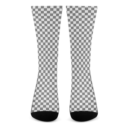 Grey And White Checkered Pattern Print Crew Socks