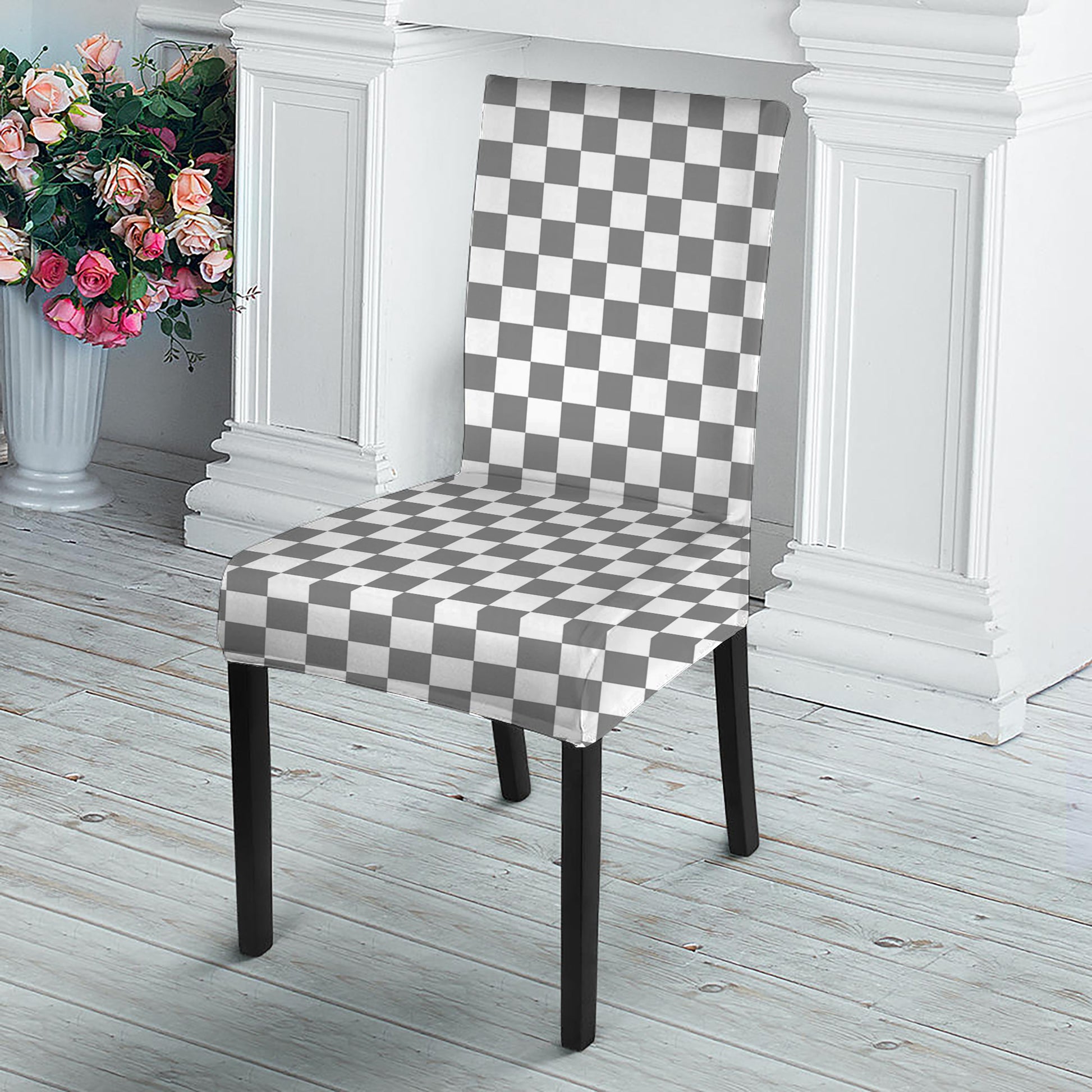 Grey And White Checkered Pattern Print Dining Chair Slipcover