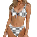 Grey And White Checkered Pattern Print Front Bow Tie Bikini