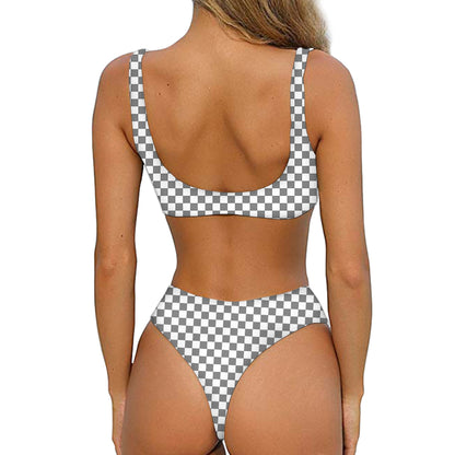 Grey And White Checkered Pattern Print Front Bow Tie Bikini