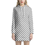 Grey And White Checkered Pattern Print Hoodie Dress